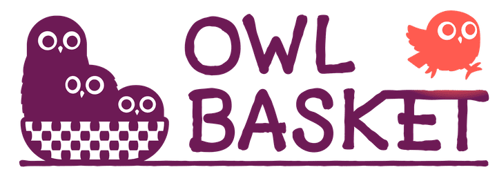 Three cartoon owls in a basket. Fouth owl running on text that reads: Owl Basket.